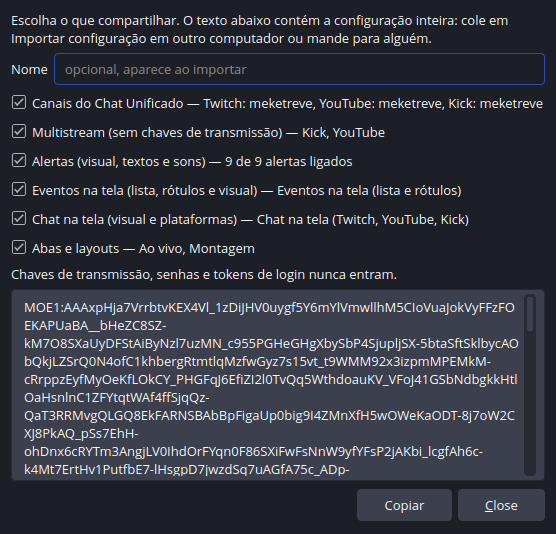 Export configuration dialog with every section and a MOE1 text