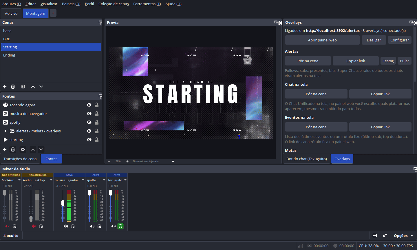 OBS with the Build tab: scenes, sources, preview, mixer and the Overlays dock