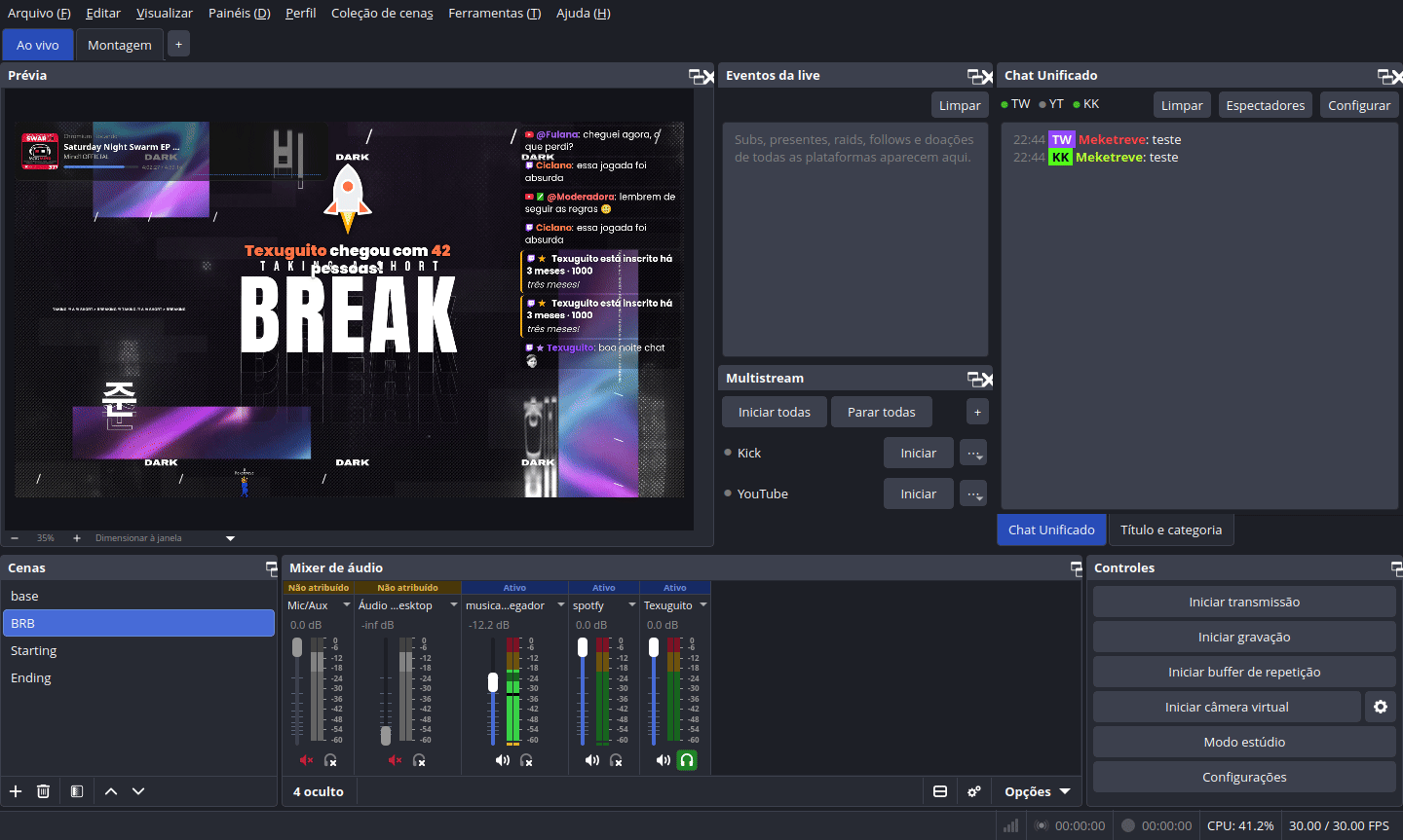 OBS with the Live tab: preview with an alert, chat on screen and Now Playing, Stream events, Multistream and unified chat