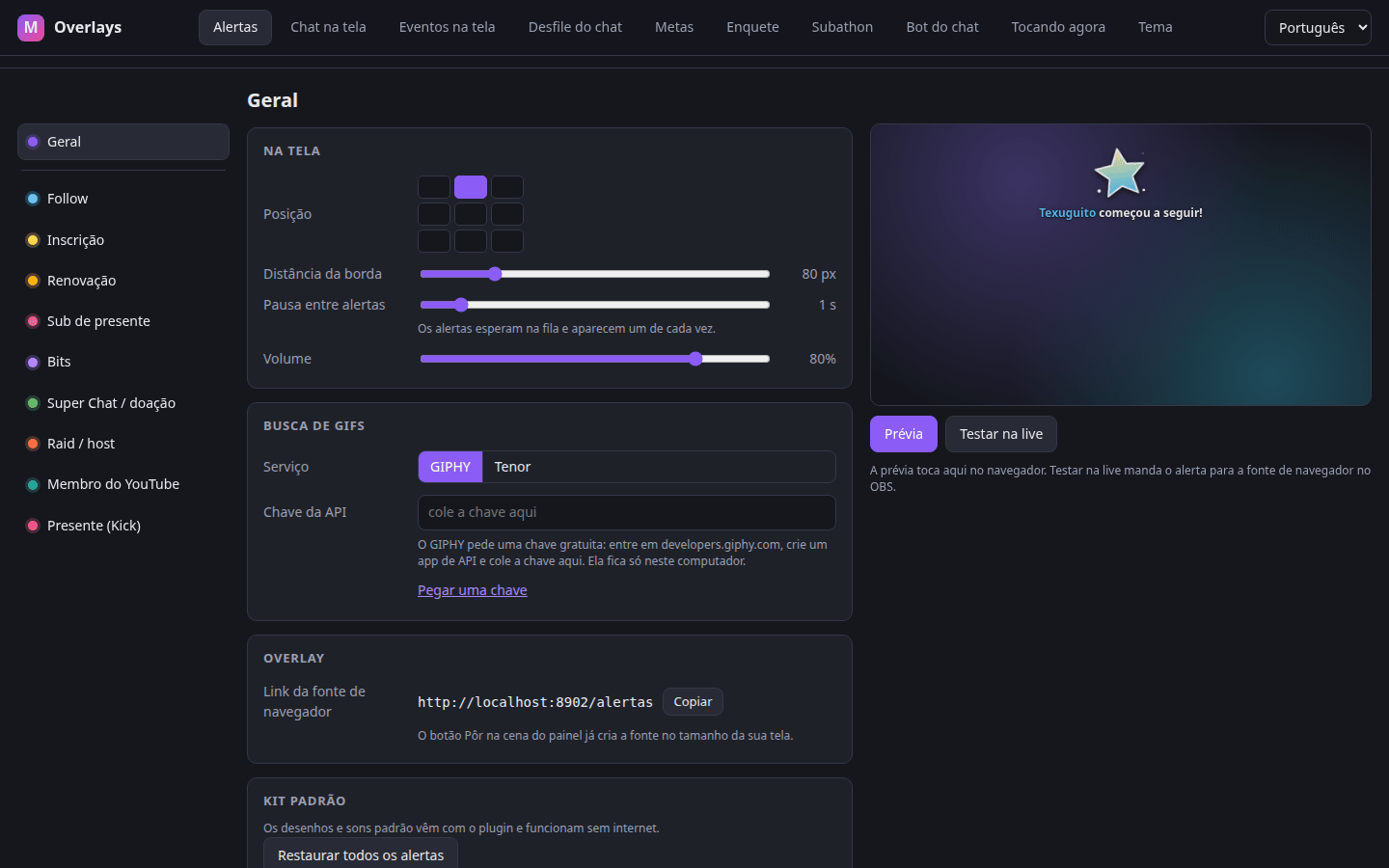 Web panel, Alerts tab: position, queue, volume, GIF search and the overlay link