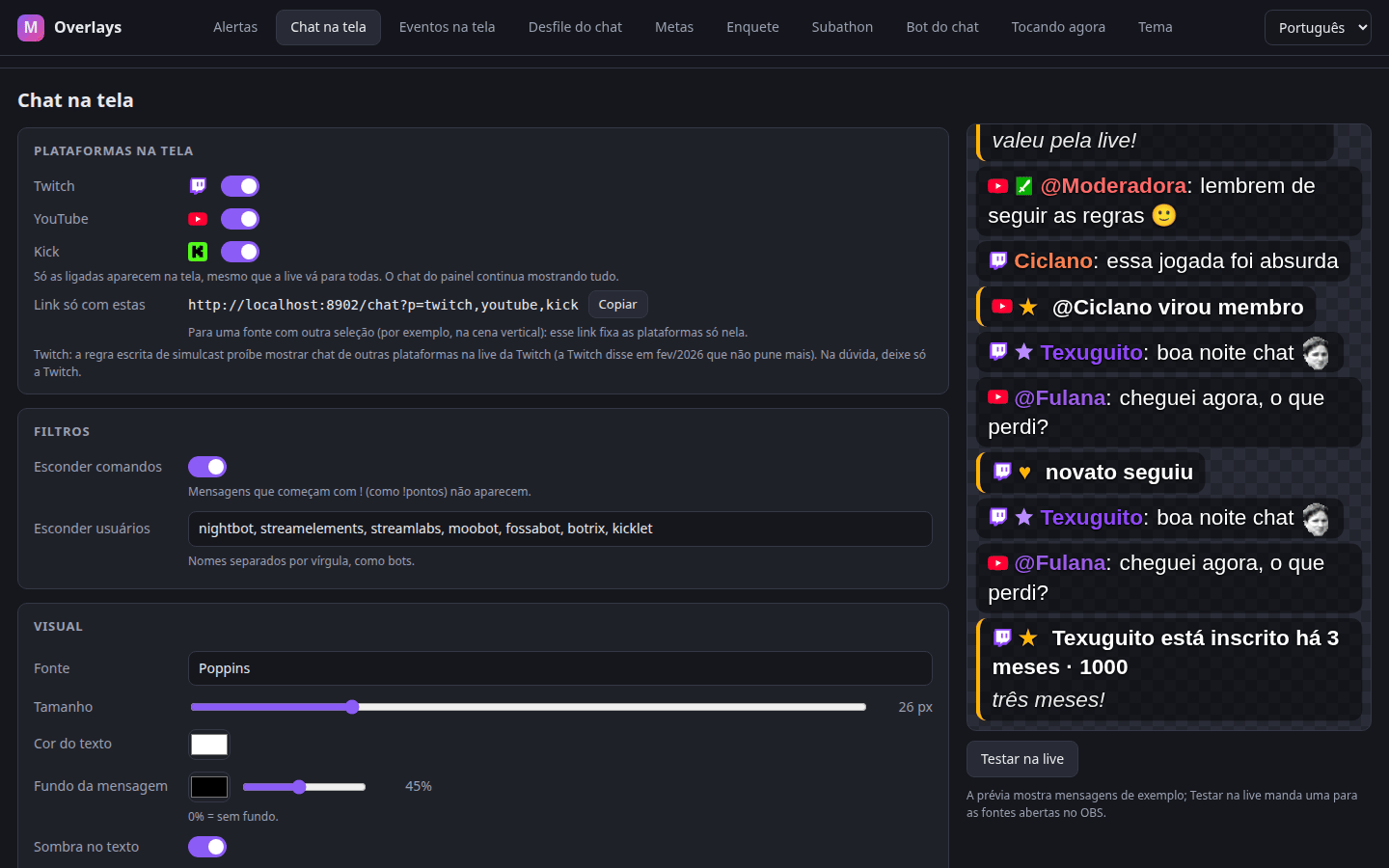 Web panel, Chat on screen tab: platforms, filters, look and a preview