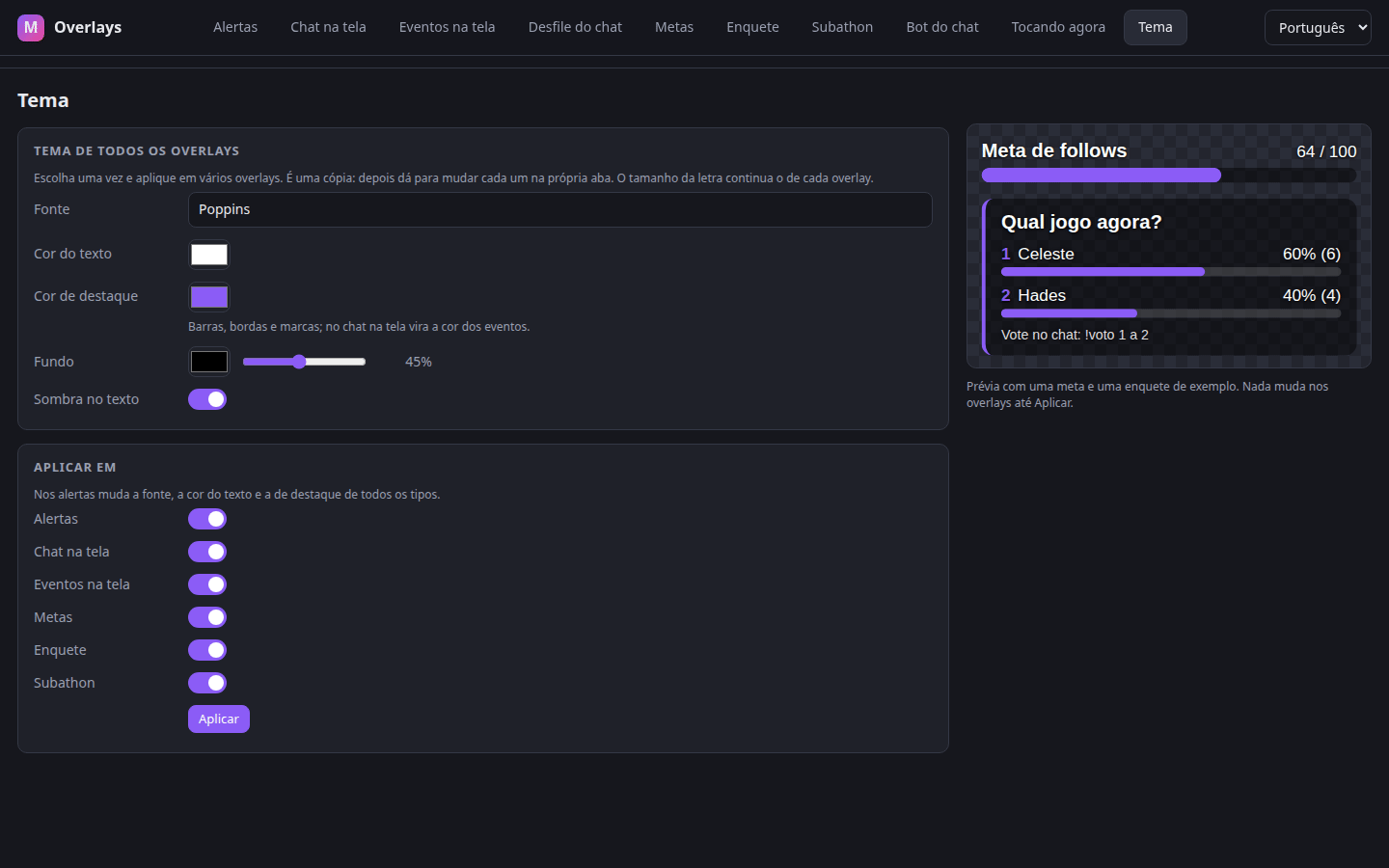 Web panel, Theme tab: one font and colors for every overlay, with a goal and poll preview
